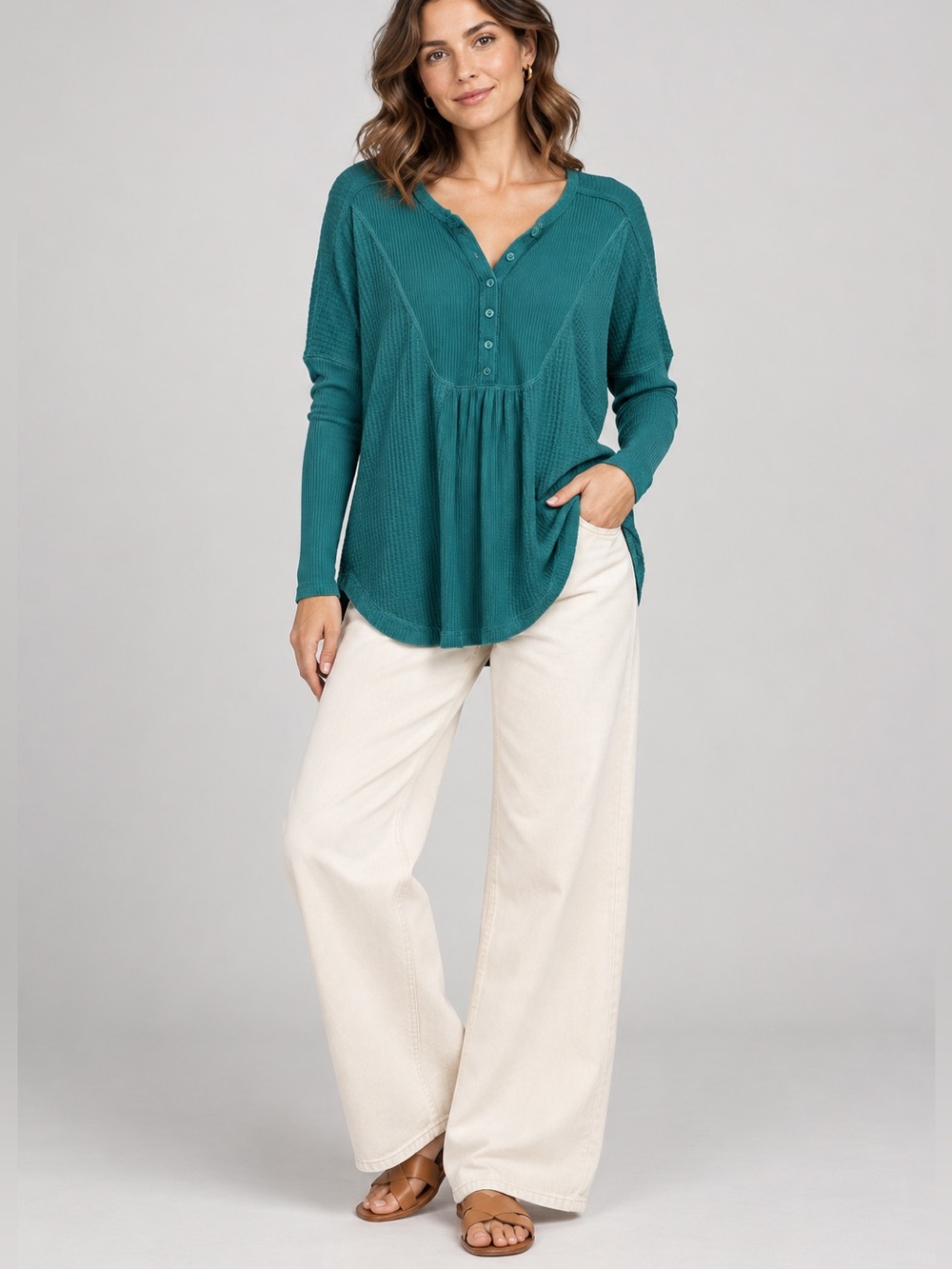 Free People Leo Henley Tee Women’s Small Long Sleeve Oversized Green Comfy GG